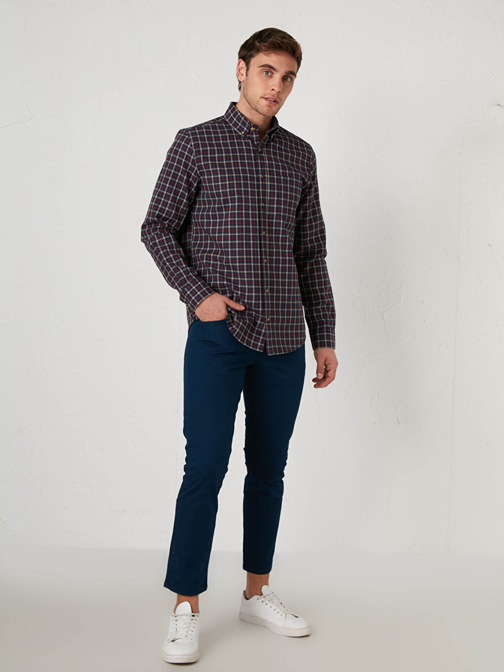 Bordo Regular Fit Uzun Kollu Ekose Gabardin Gömlek-2