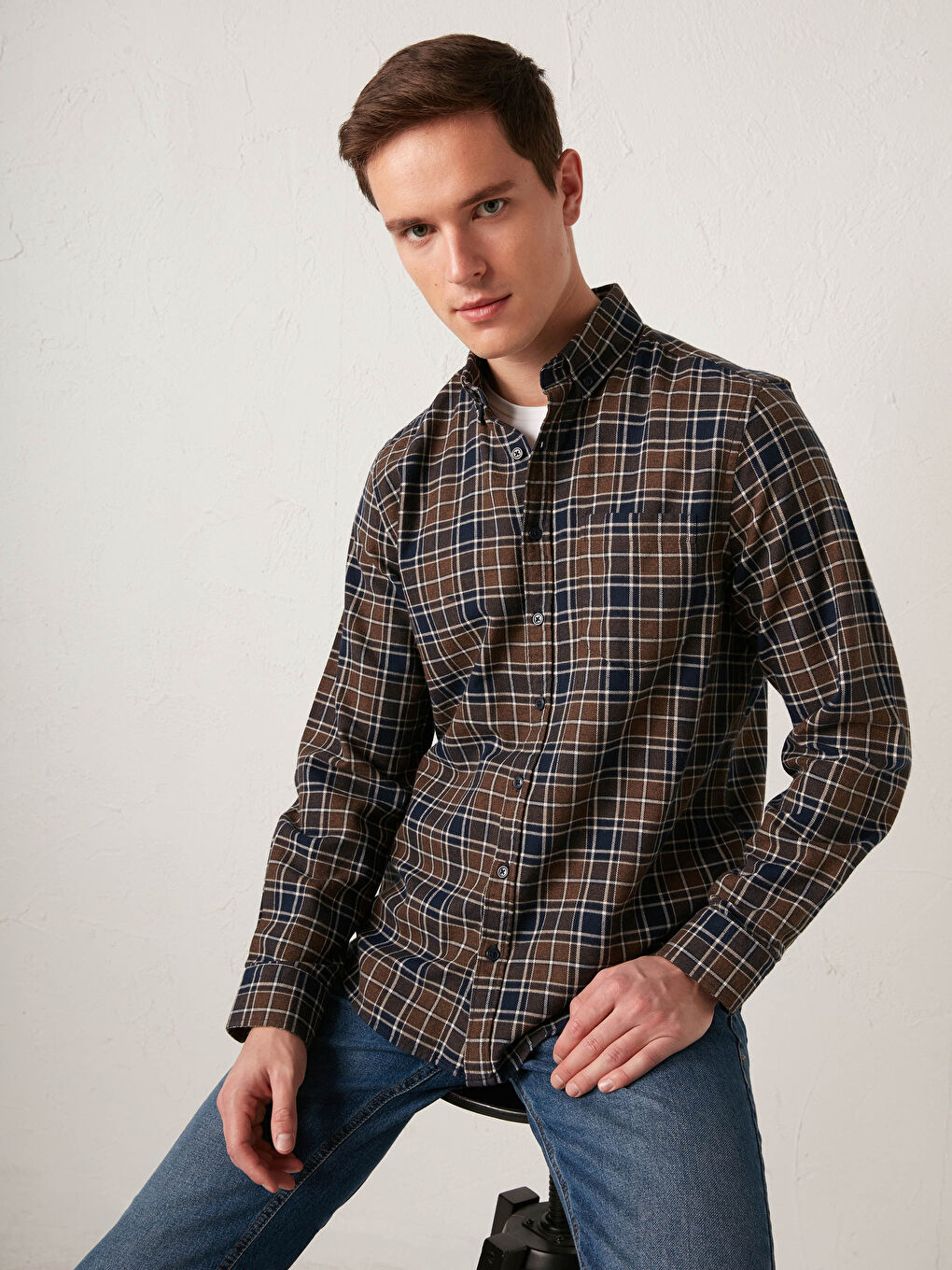 Regular Fit Long Sleeve Chequered Gabardine Shirt