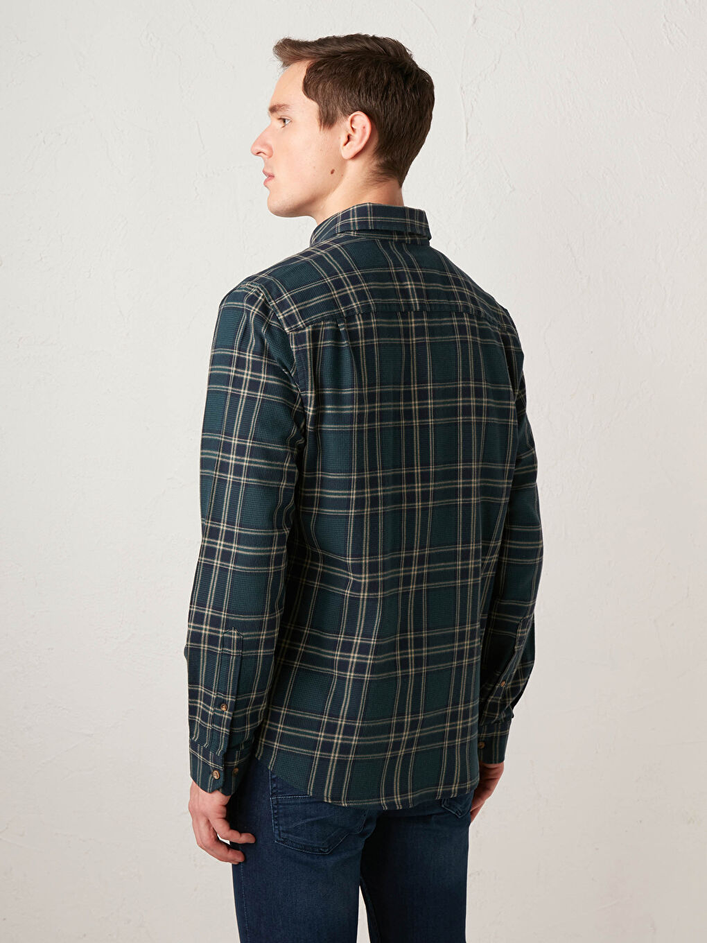 Yeşil Regular Fit Uzun Kollu Ekose Gabardin Gömlek-3