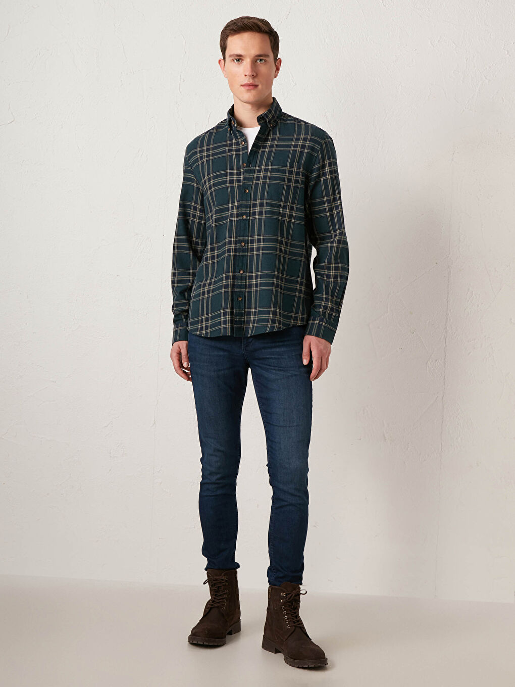 Yeşil Regular Fit Uzun Kollu Ekose Gabardin Gömlek-4