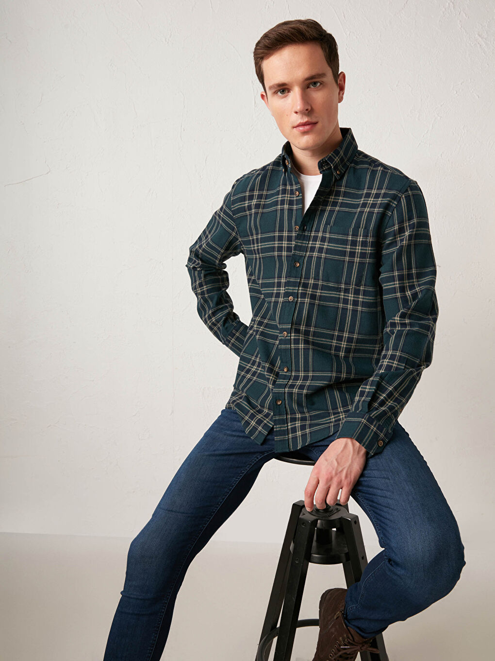 Yeşil Regular Fit Uzun Kollu Ekose Gabardin Gömlek