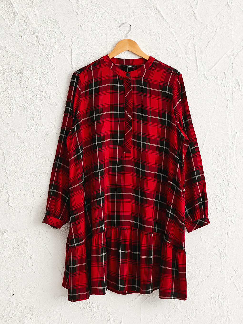 Kırmızı Dik Yaka Ekose Uzun Kollu Gabardin Kadın Tunik