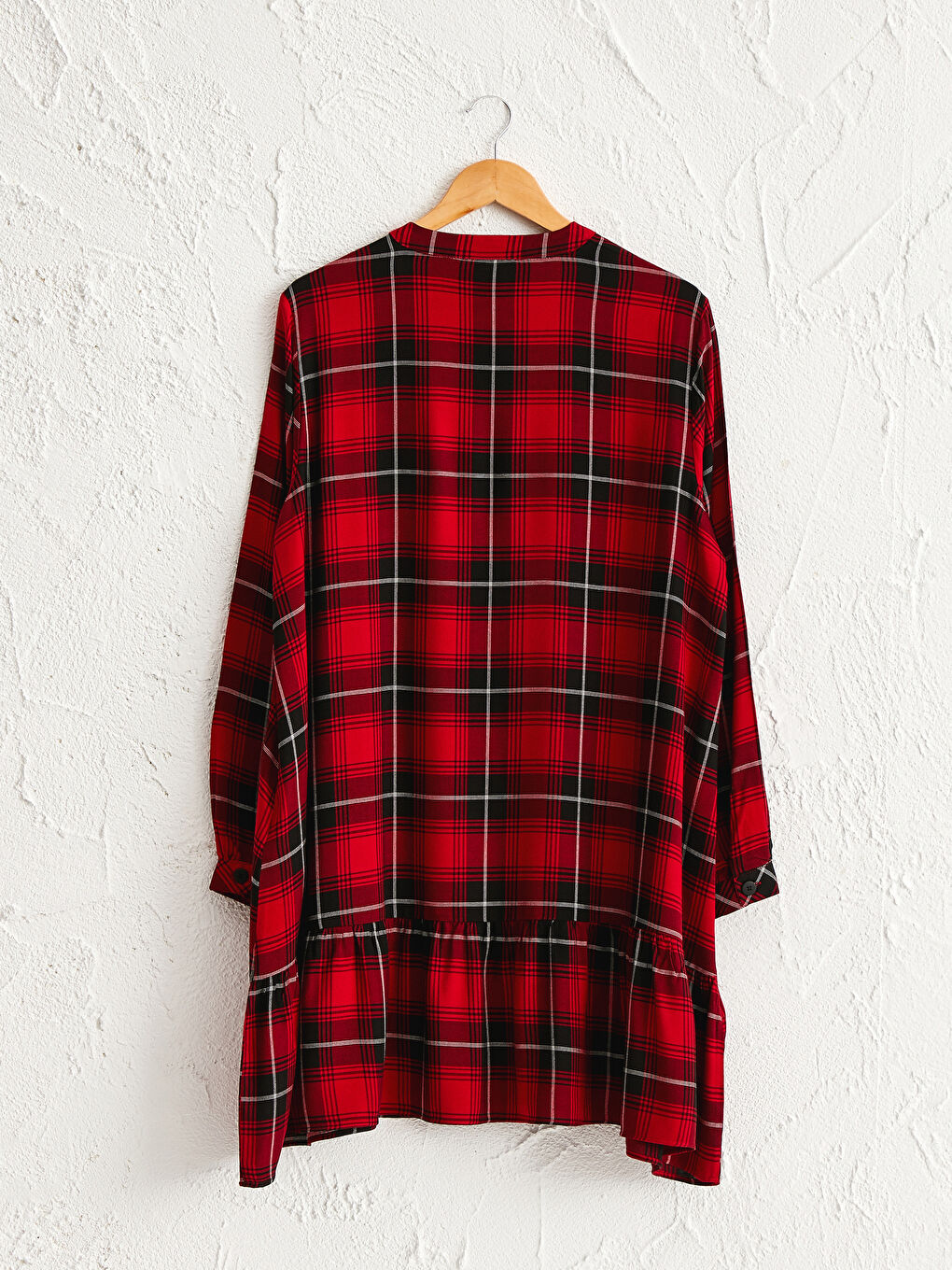 Kırmızı Dik Yaka Ekose Uzun Kollu Gabardin Kadın Tunik-1
