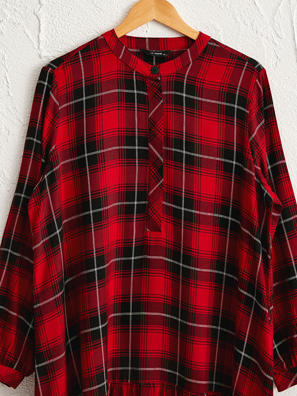 Kırmızı Dik Yaka Ekose Uzun Kollu Gabardin Kadın Tunik-2