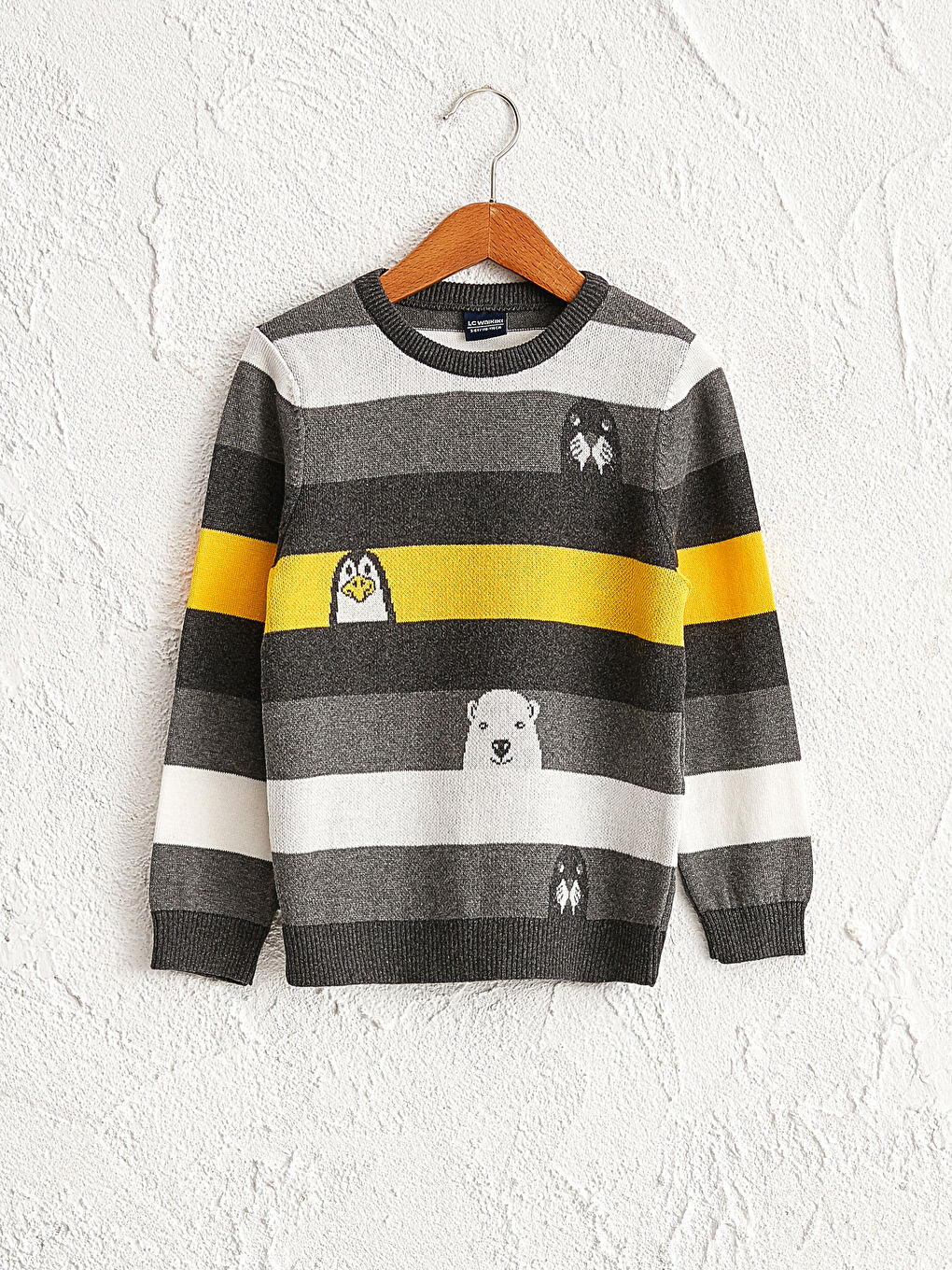 Gri Erkek Çocuk Desenli İnce Triko Kazak