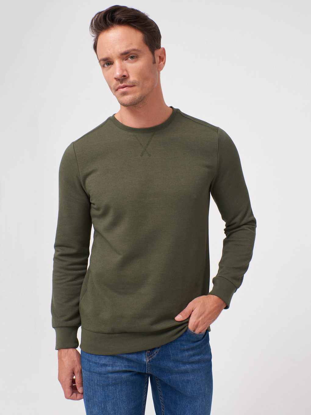 Haki Bisiklet Yaka Uzun Kollu Erkek Sweatshirt-1