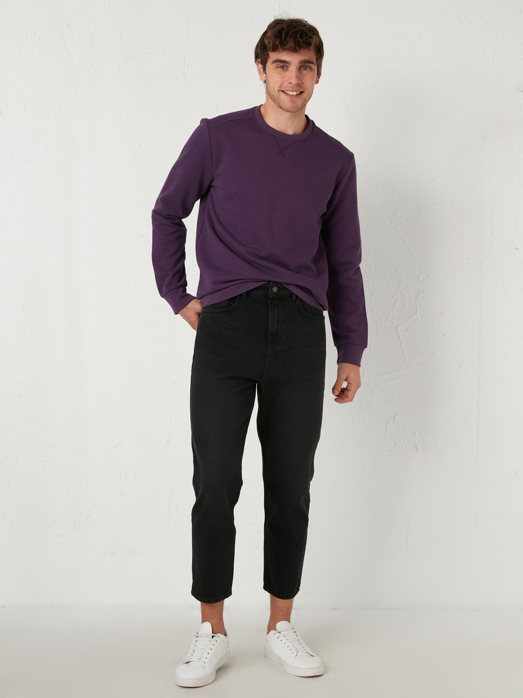 Mor Bisiklet Yaka Uzun Kollu Erkek Sweatshirt-2