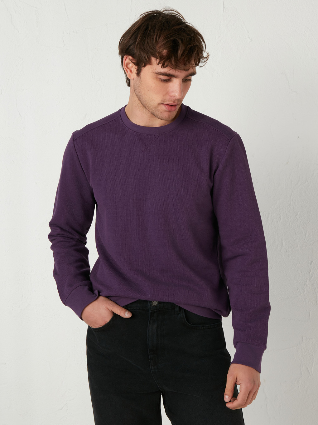 Mor Bisiklet Yaka Uzun Kollu Erkek Sweatshirt-1