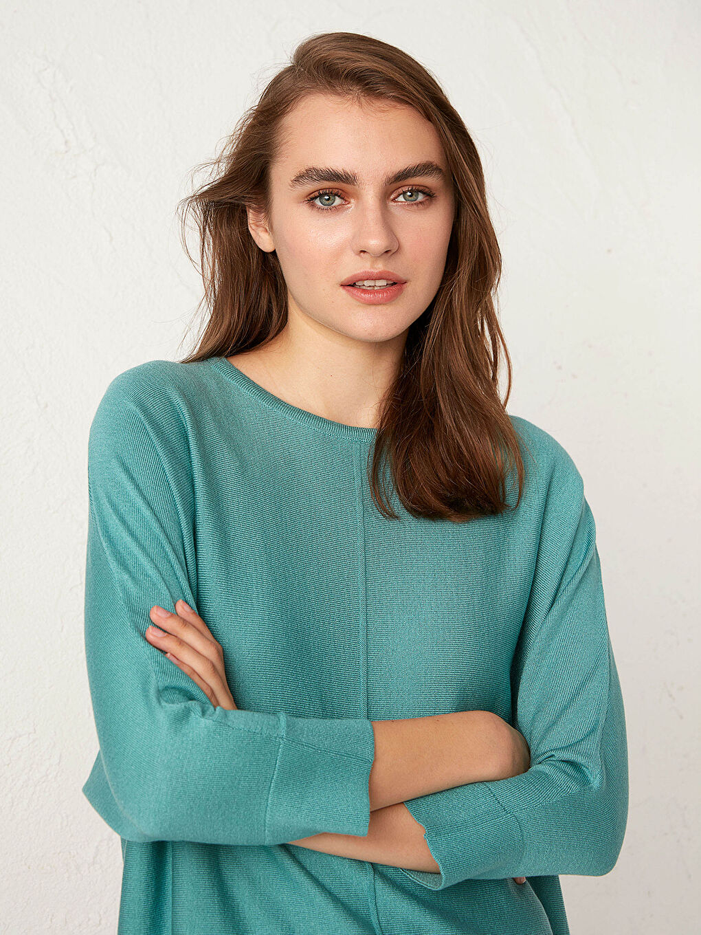 Crew Neck Plain Long Sleeve Women's Knitwear Sweater-2