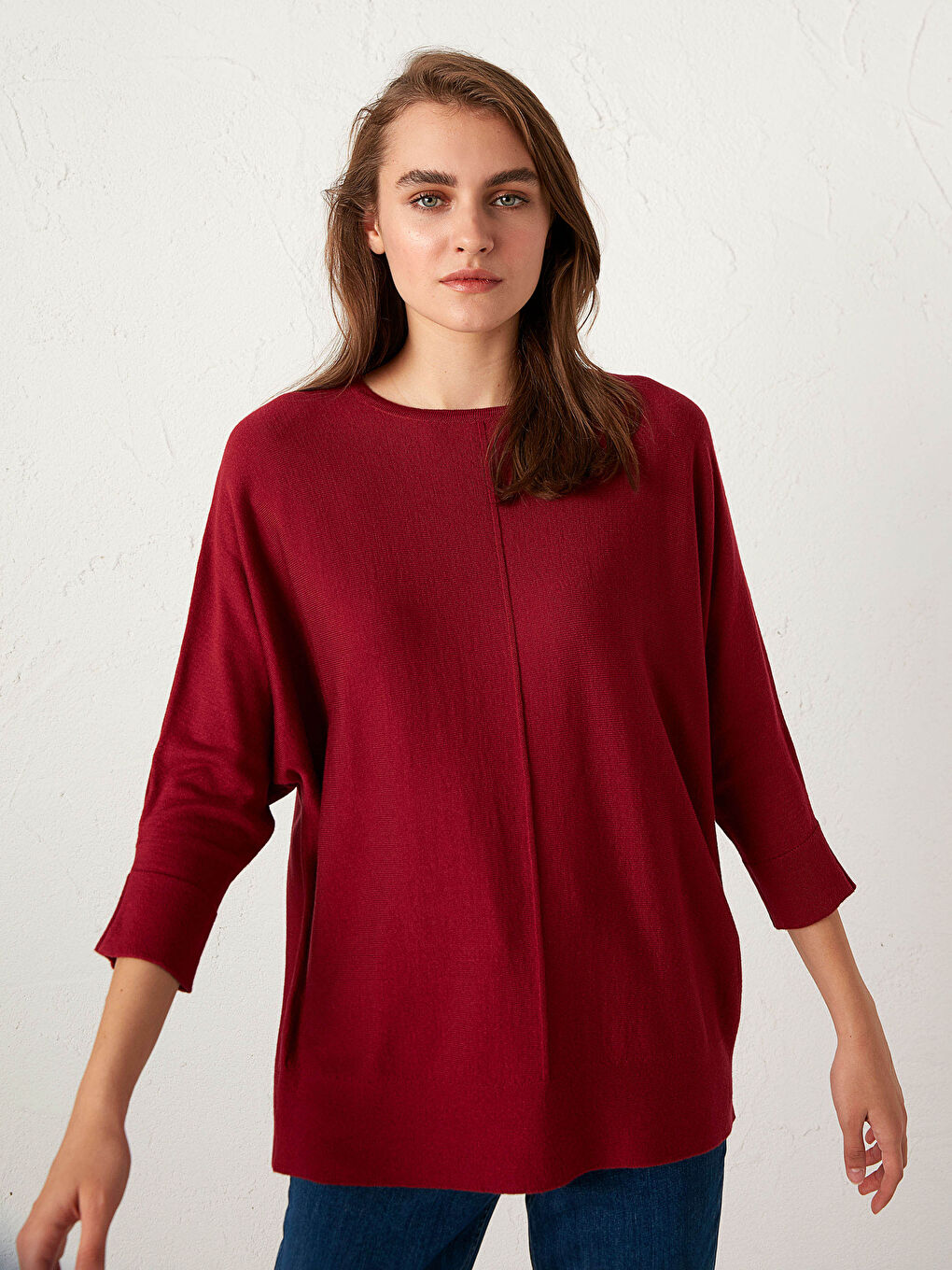 Bordo Bisiklet Yaka Düz Uzun Kollu Kadın Triko Kazak