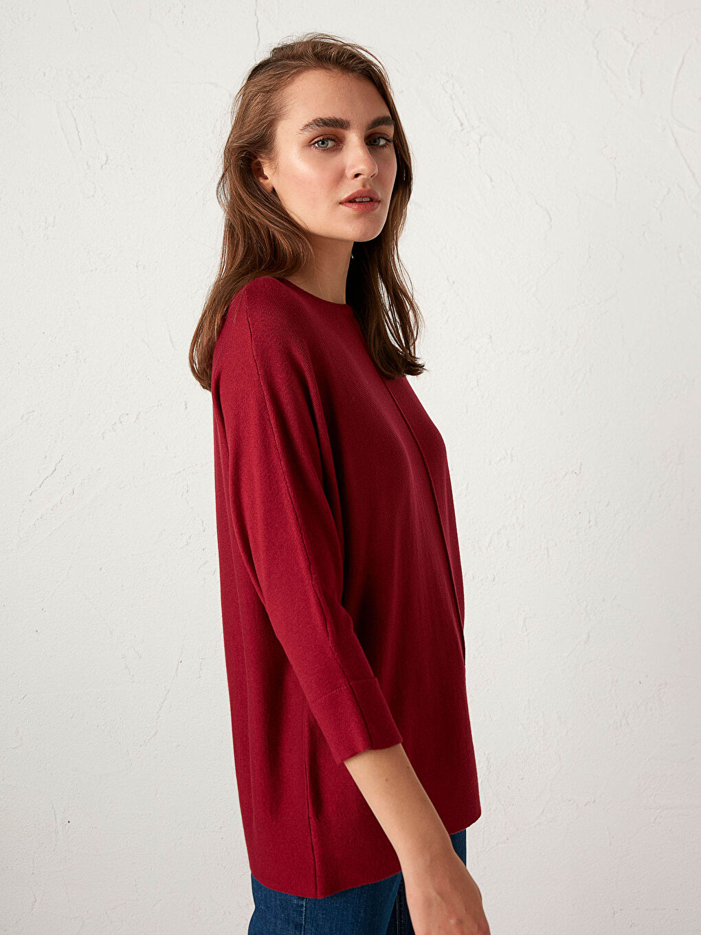 Bordo Bisiklet Yaka Düz Uzun Kollu Kadın Triko Kazak-1