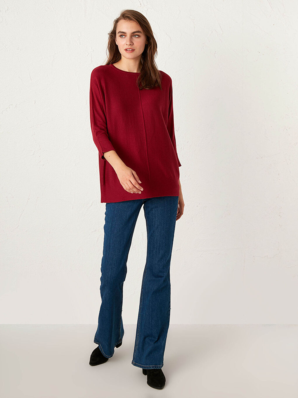 Bordo Bisiklet Yaka Düz Uzun Kollu Kadın Triko Kazak-2