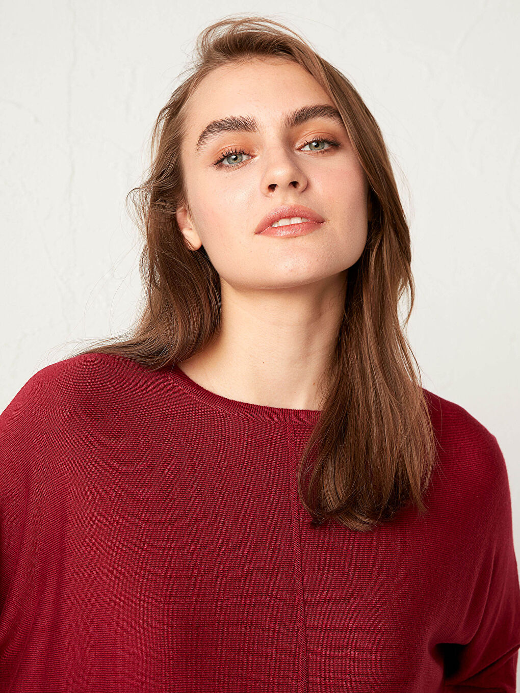 Bordo Bisiklet Yaka Düz Uzun Kollu Kadın Triko Kazak-3