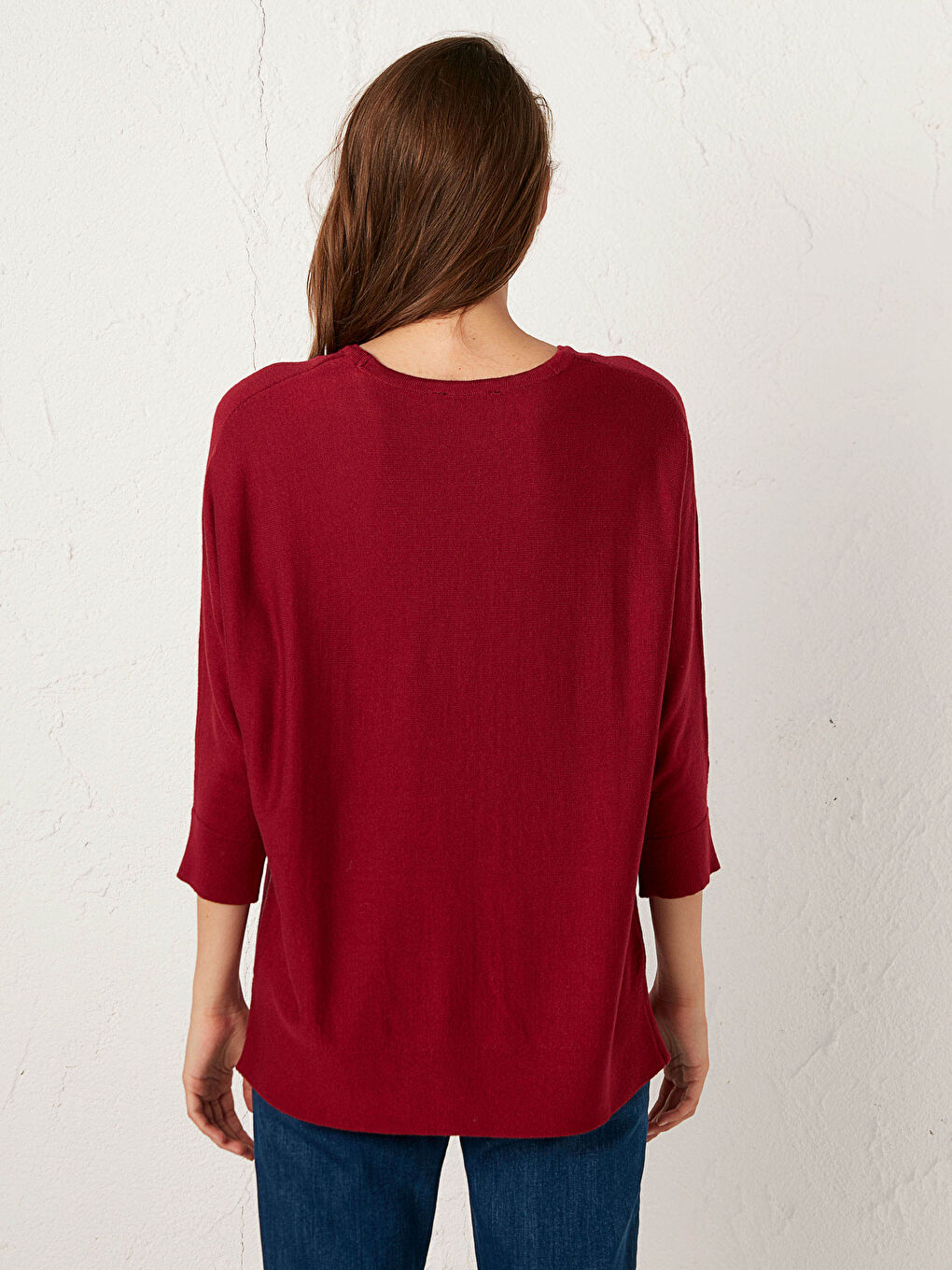 Bordo Bisiklet Yaka Düz Uzun Kollu Kadın Triko Kazak-4