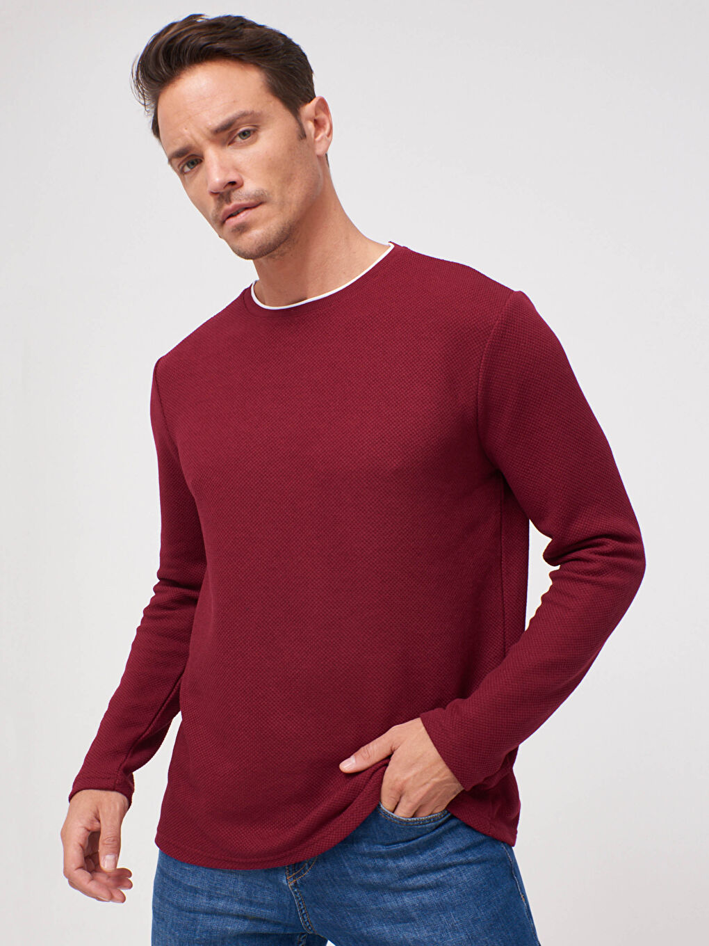 Bordo Bisiklet Yaka Uzun Kollu Basic Tişört-1