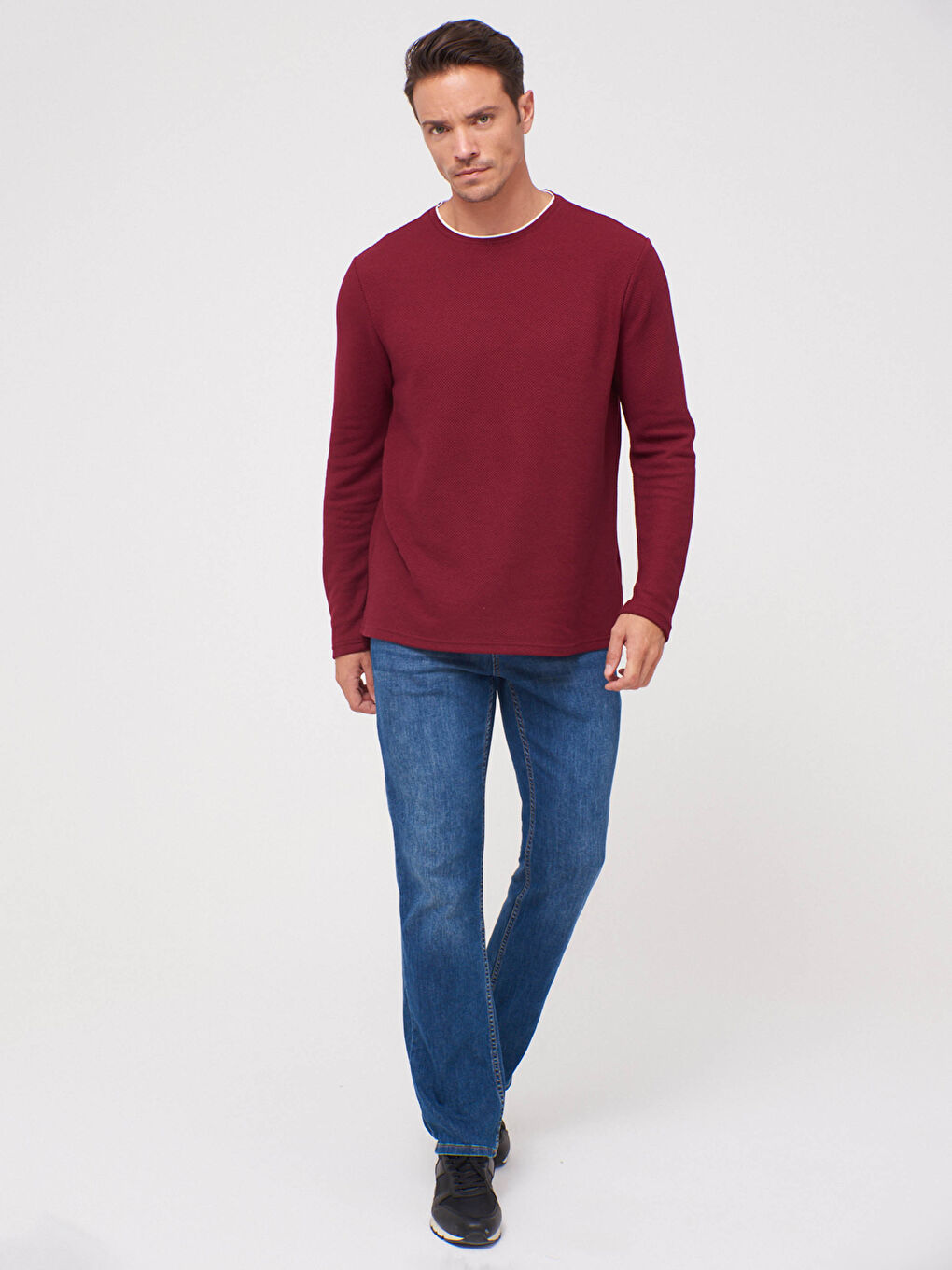 Bordo Bisiklet Yaka Uzun Kollu Basic Tişört-2