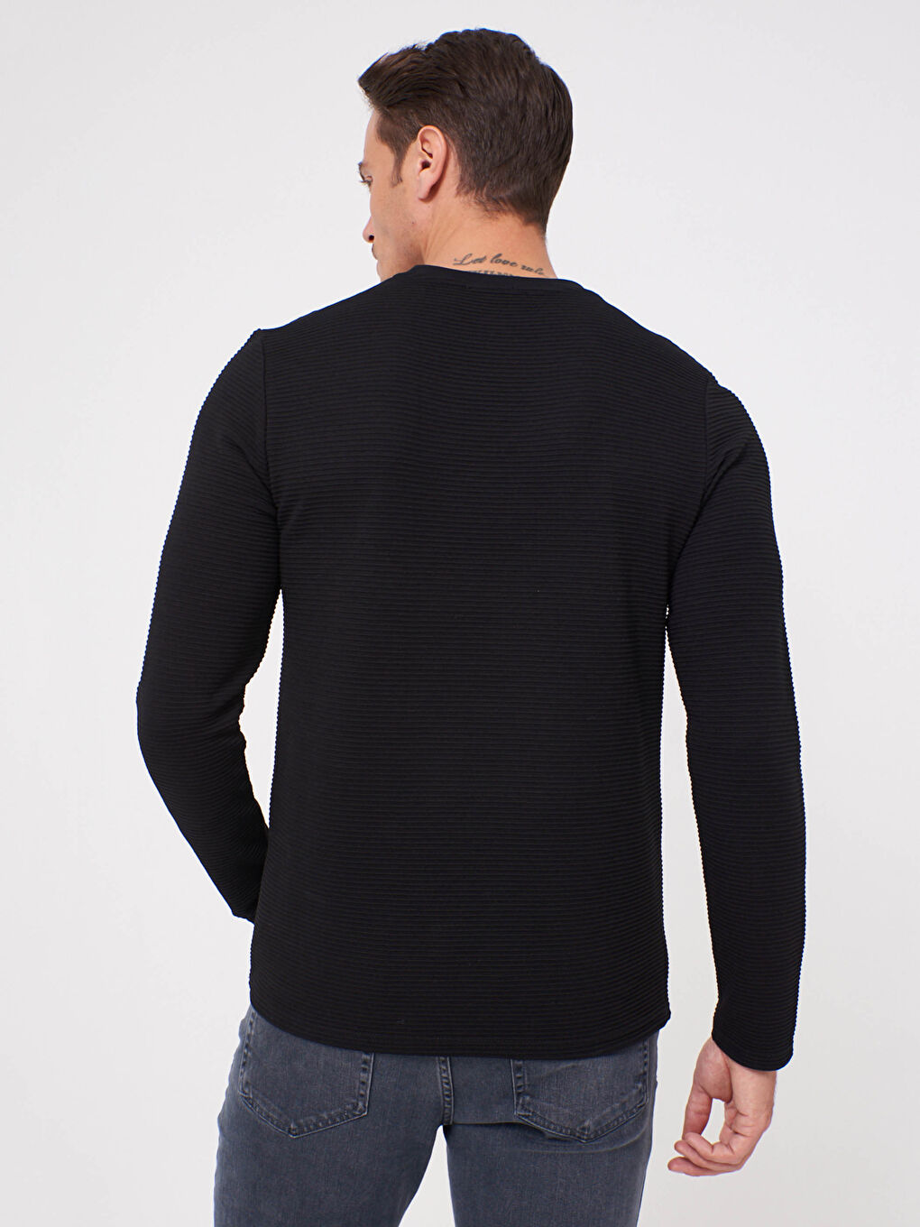 Siyah Bisiklet Yaka Uzun Kollu Basic Tişört-8