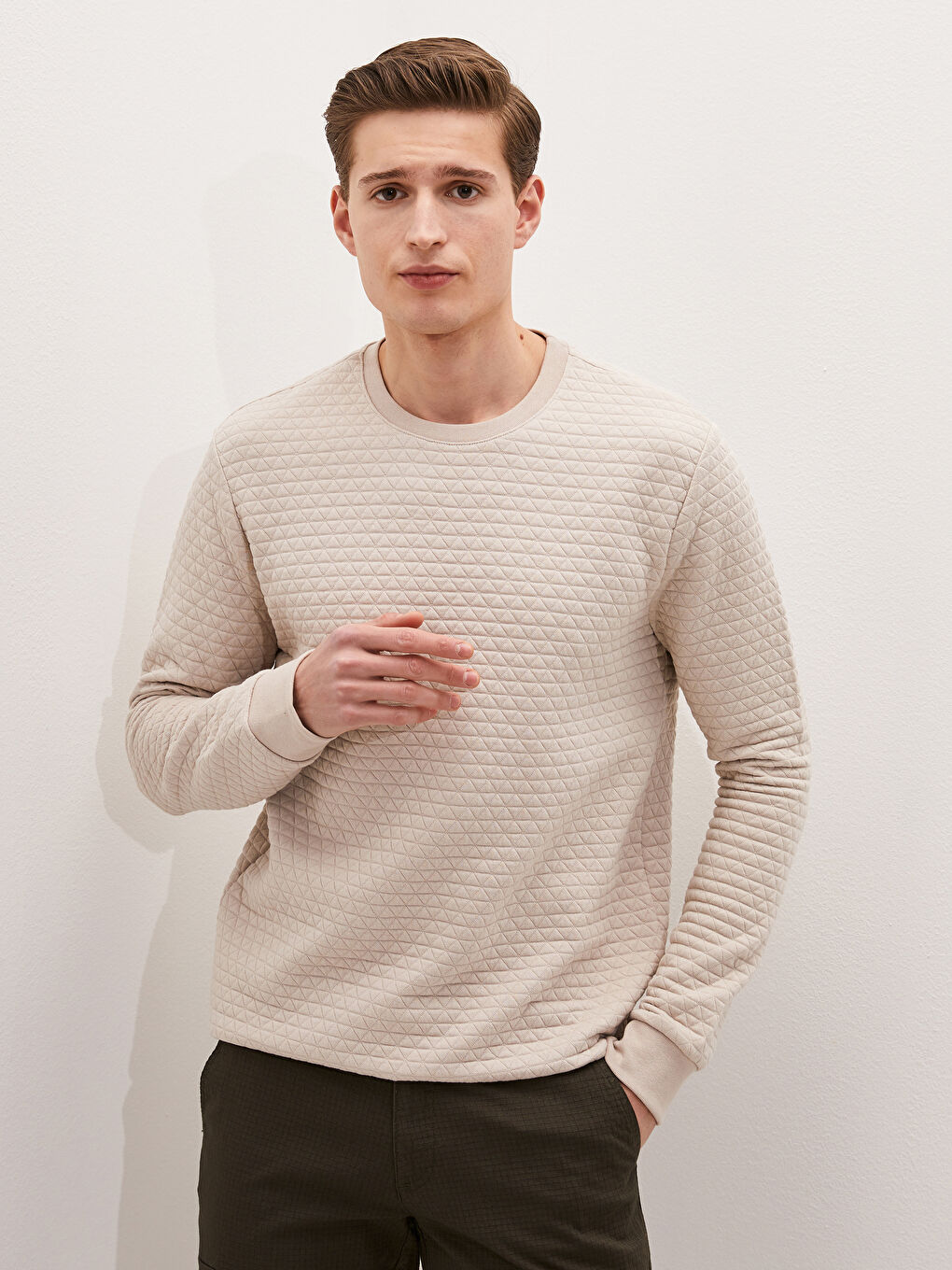 Ерлерге арналған ұзын жеңді дөңгелек жағалы өрнексіз свитшот-3