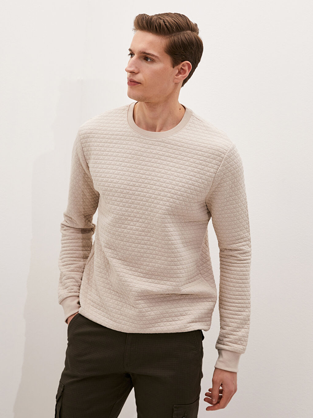 Ерлерге арналған ұзын жеңді дөңгелек жағалы өрнексіз свитшот