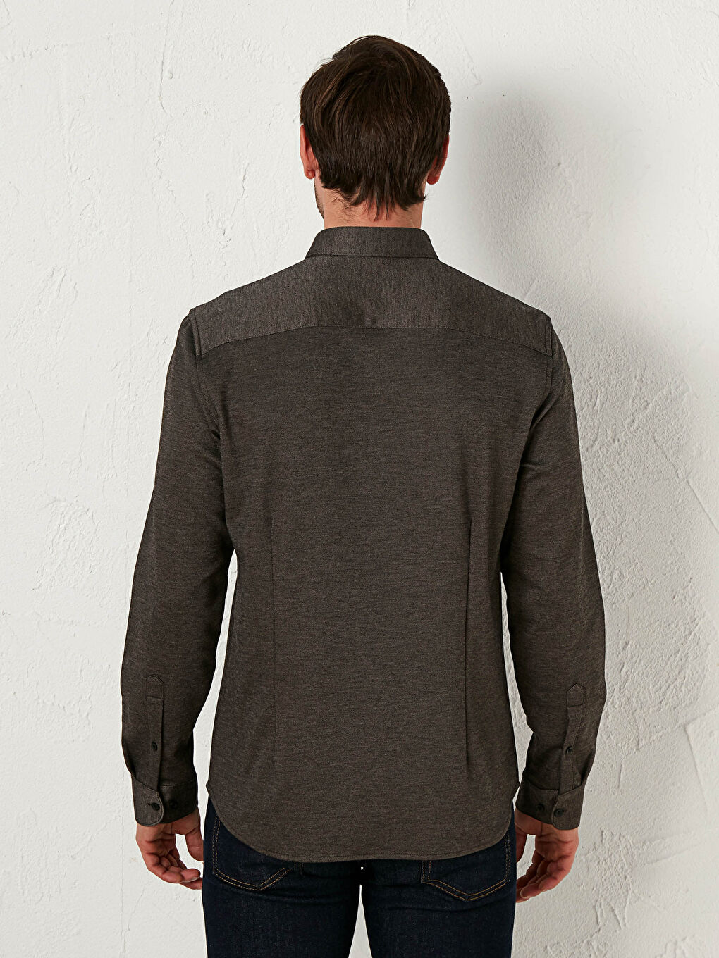 Kahverengi Slim Fit Uzun Kollu Dokulu Gömlek-4