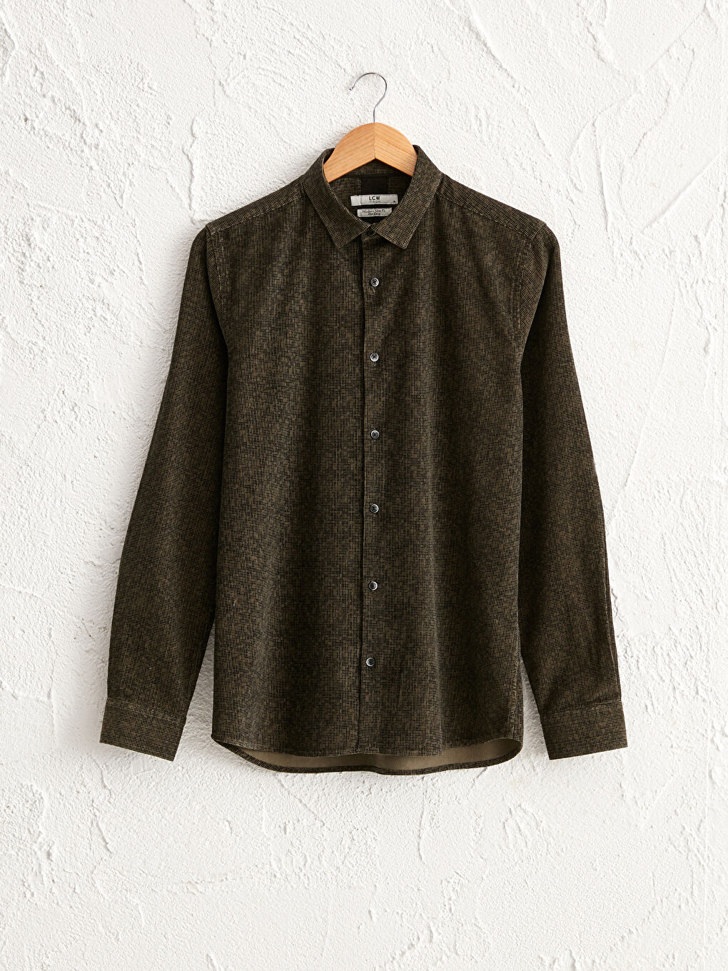 Haki Slim Fit Uzun Kollu Kadife Gömlek