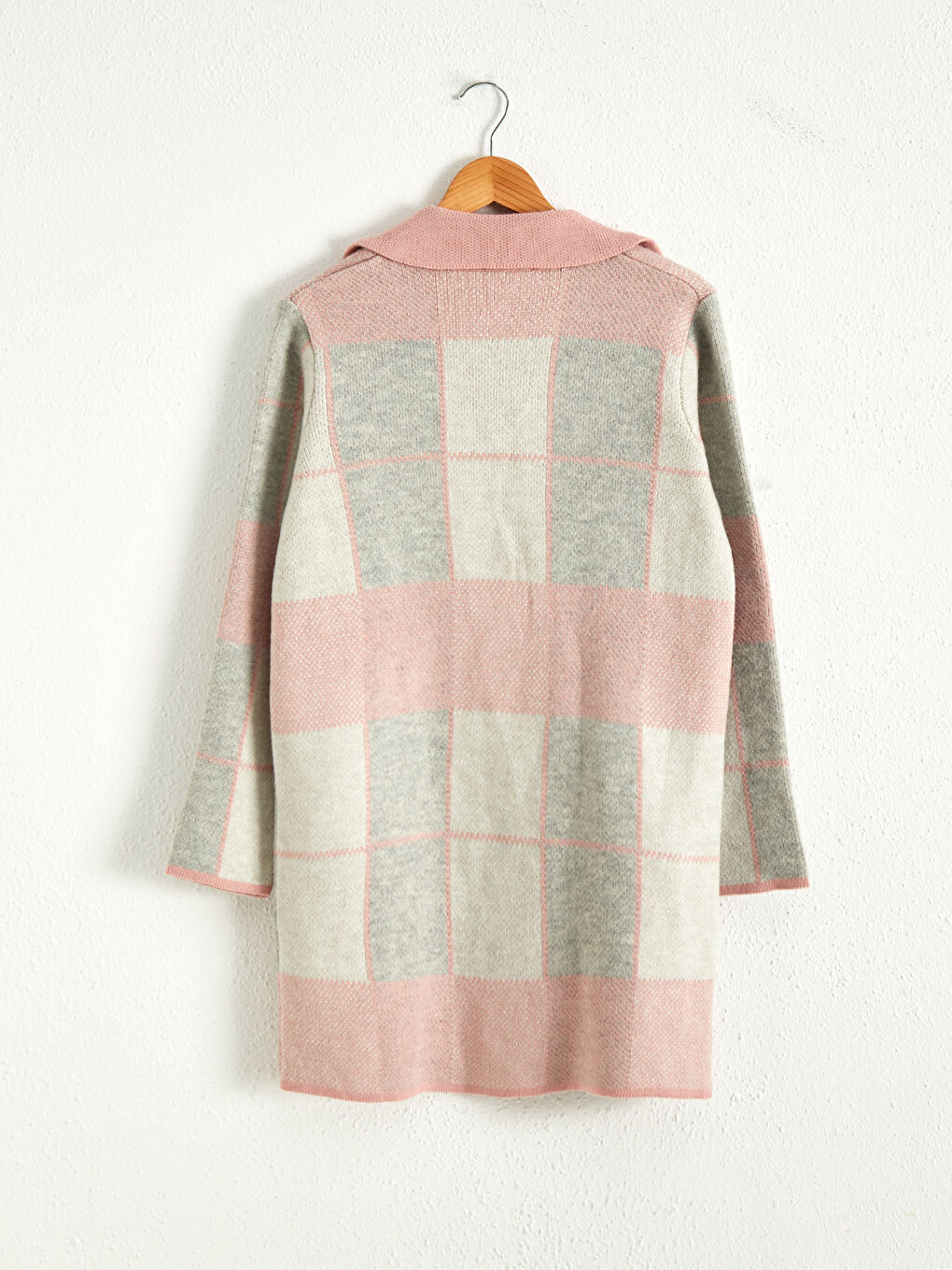 Pembe V Yaka Ekose Uzun Kollu Cepli Kadın Hırka-2