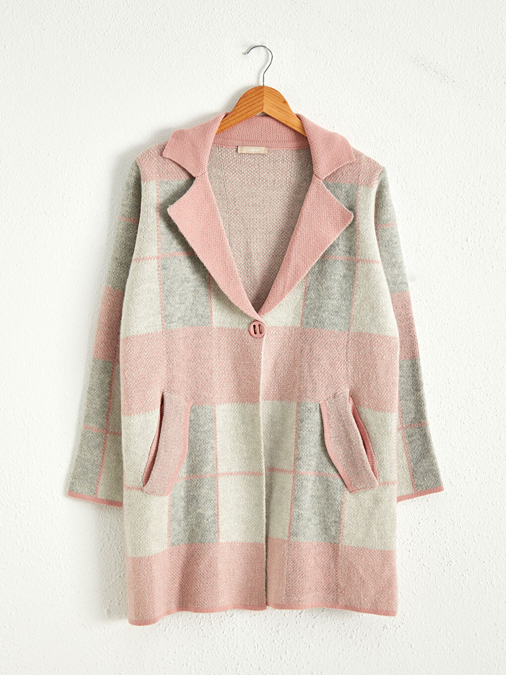 Pembe V Yaka Ekose Uzun Kollu Cepli Kadın Hırka