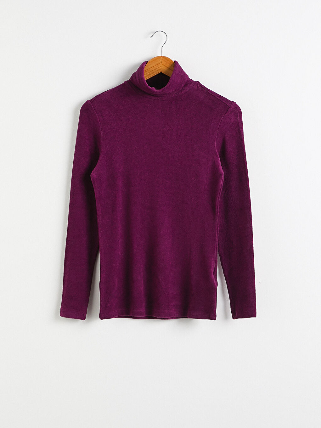 Mor Dik Yaka Düz Uzun Kollu Kadın Tişört