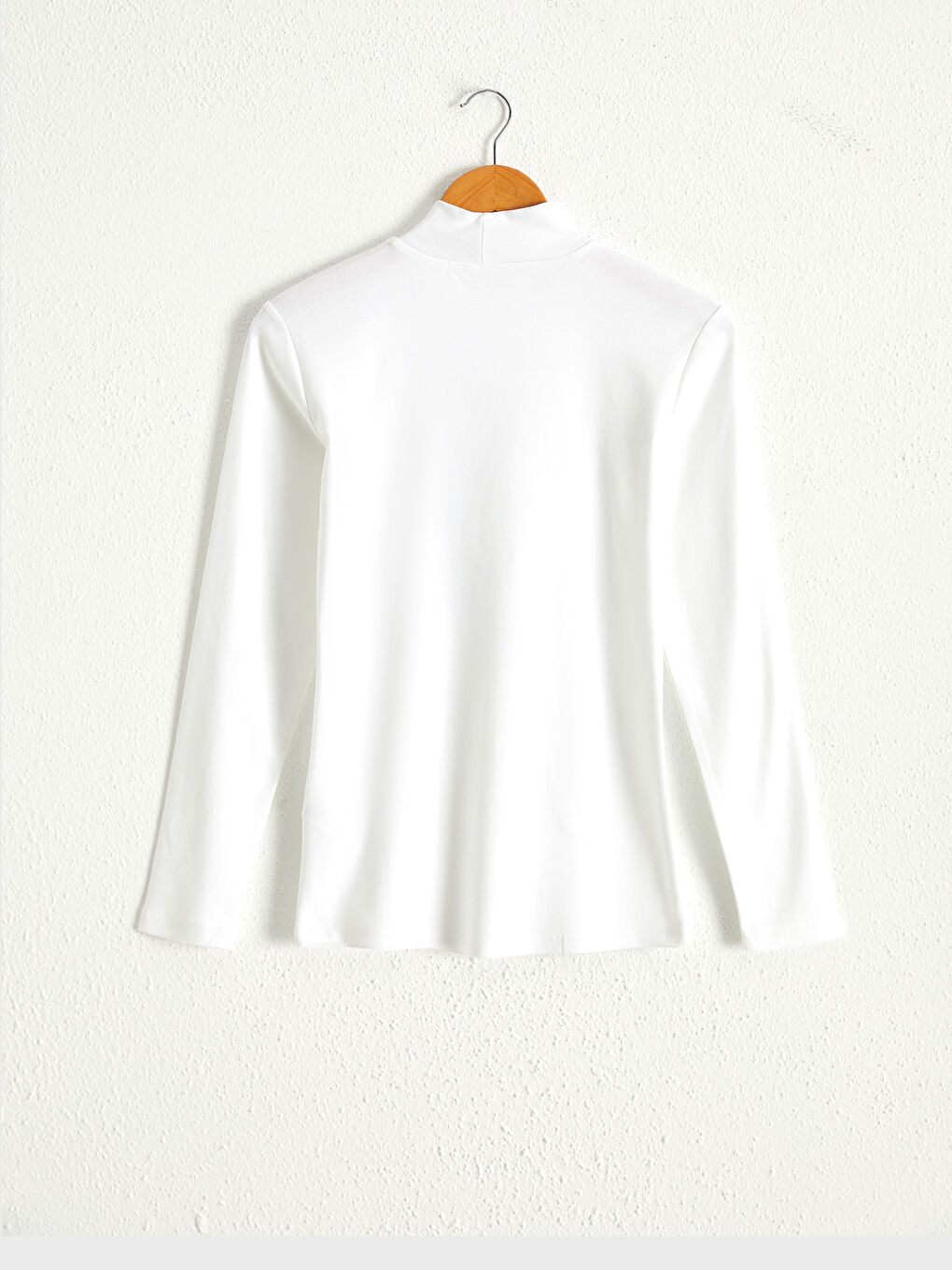 Beyaz Dik Yaka Düz Uzun Kollu Pamuklu Kadın Tişört-2