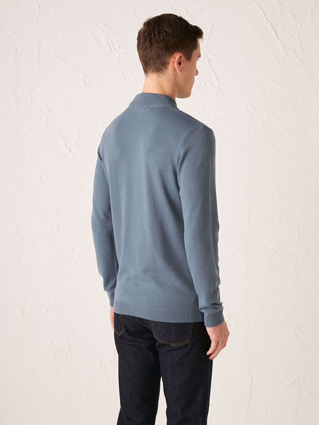 Mavi Yarım Balıkçı Yaka İnce Triko Kazak-4