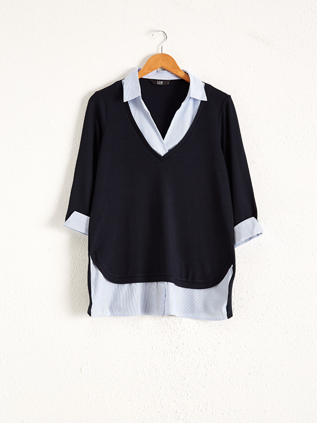 Lacivert Gömlek Yaka Renk Bloklu Kadın Tişört