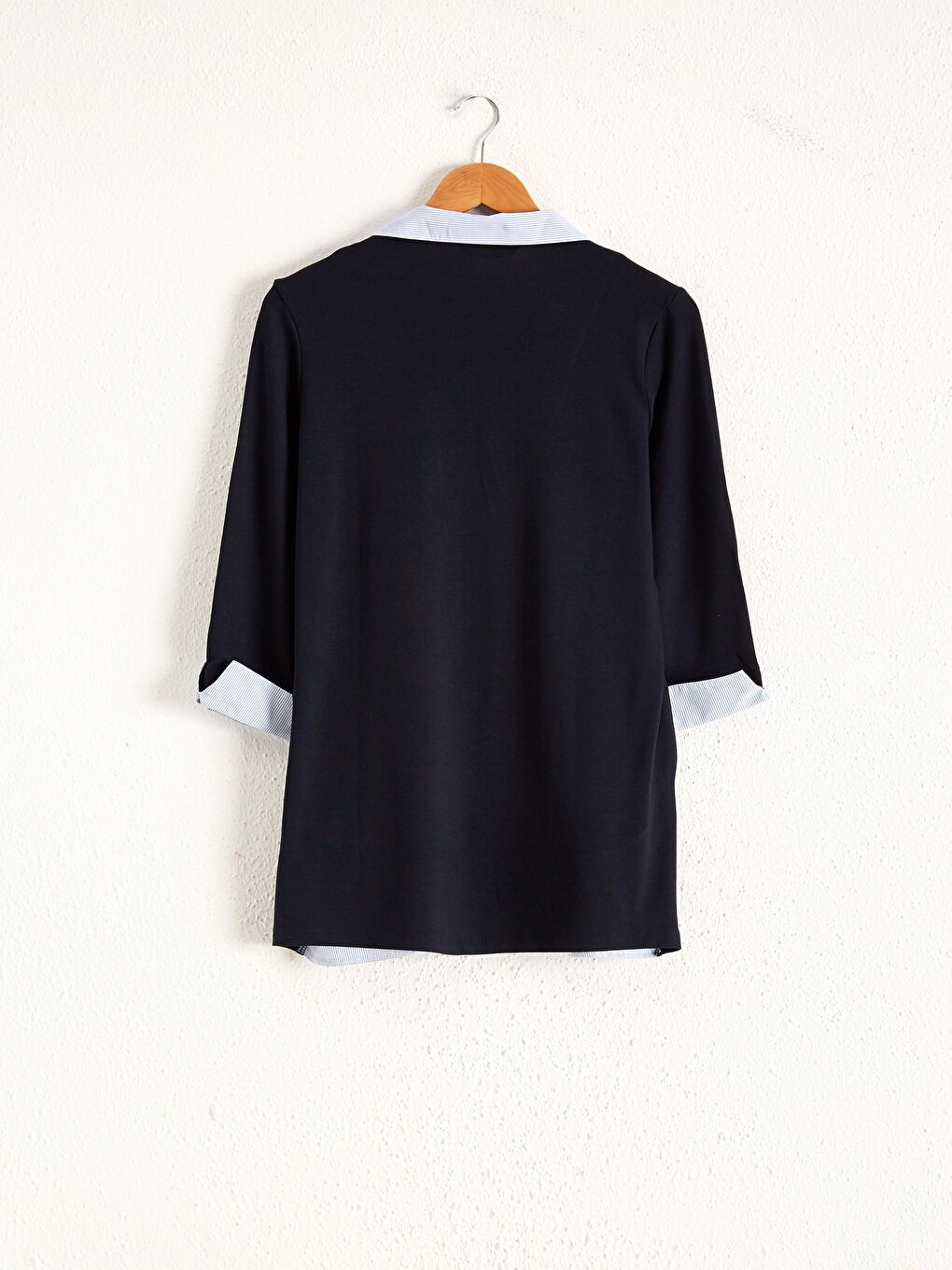 Lacivert Gömlek Yaka Renk Bloklu Kadın Tişört-1