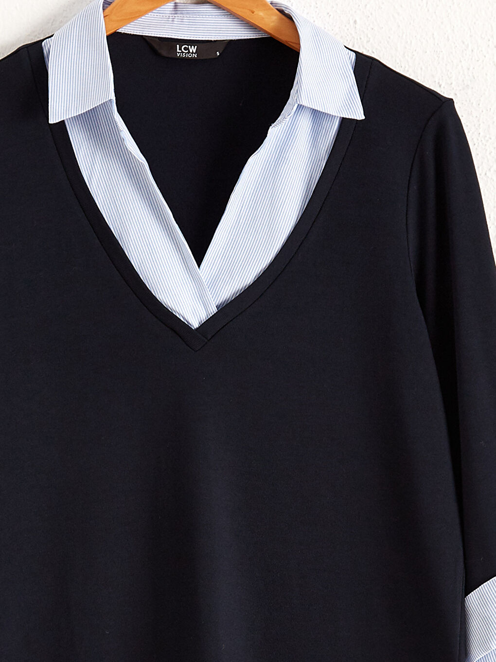 Lacivert Gömlek Yaka Renk Bloklu Kadın Tişört-2