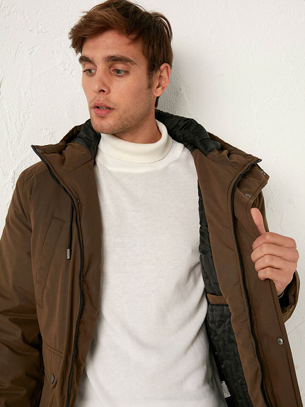 Kahverengi Standart Kalıp Kapüşonlu Kalın Mont-5