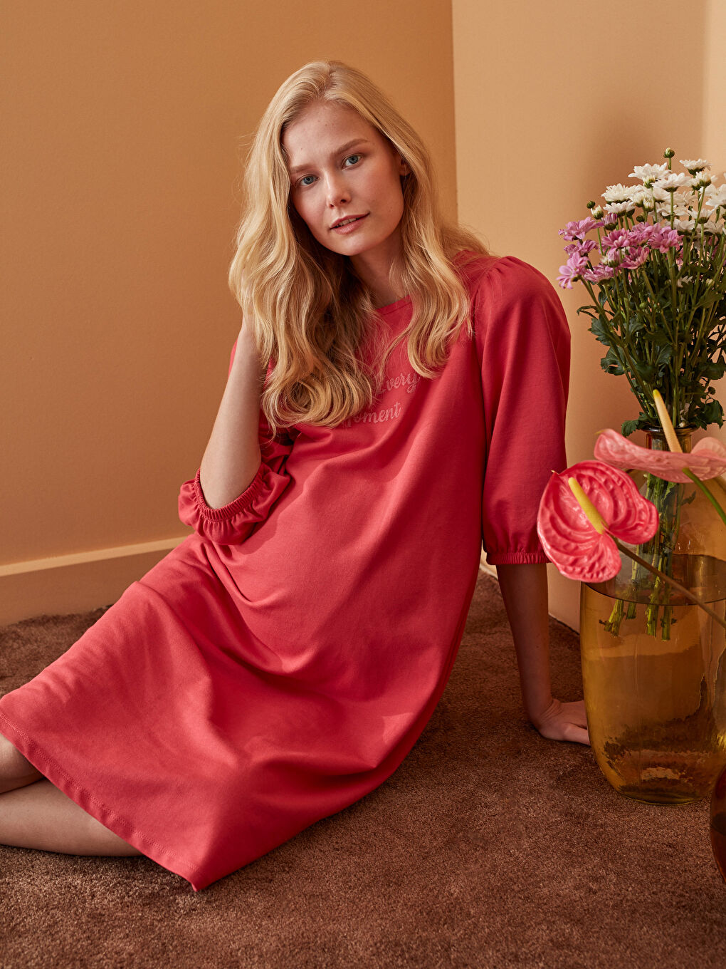 Pembe Yazı Baskılı Pamuklu Hamile Elbise-1