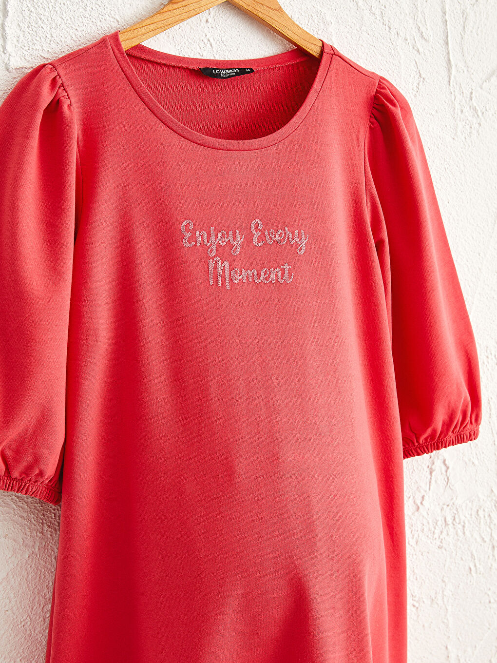 Pembe Yazı Baskılı Pamuklu Hamile Elbise-5