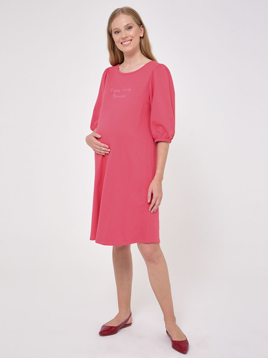 Pembe Yazı Baskılı Pamuklu Hamile Elbise-2