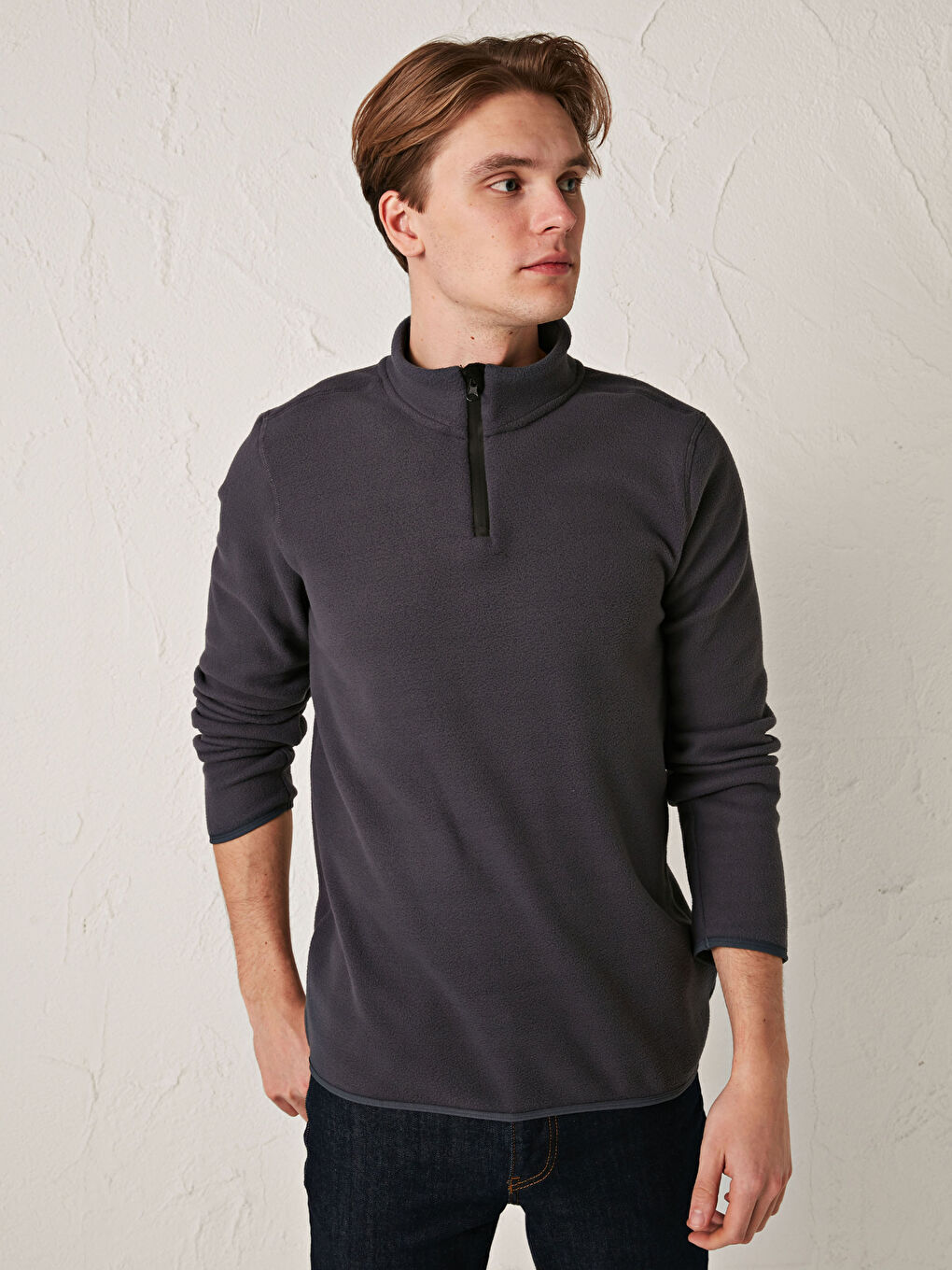 Antrasit Rahat Kalıp Dik Yaka Uzun Kollu Erkek Sweatshirt