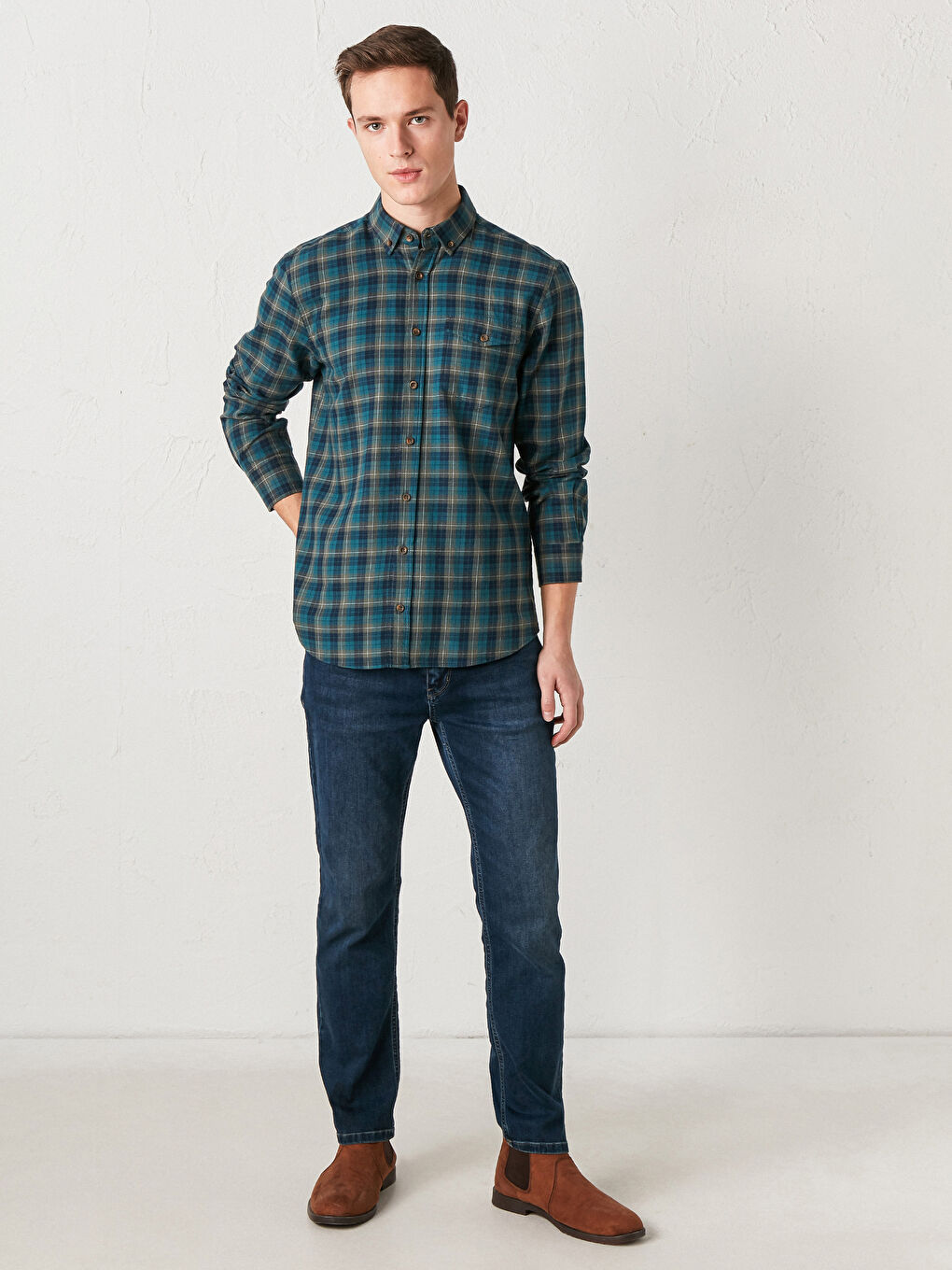 Yeşil Regular Fit Uzun Kollu Ekose Gabardin Gömlek-2