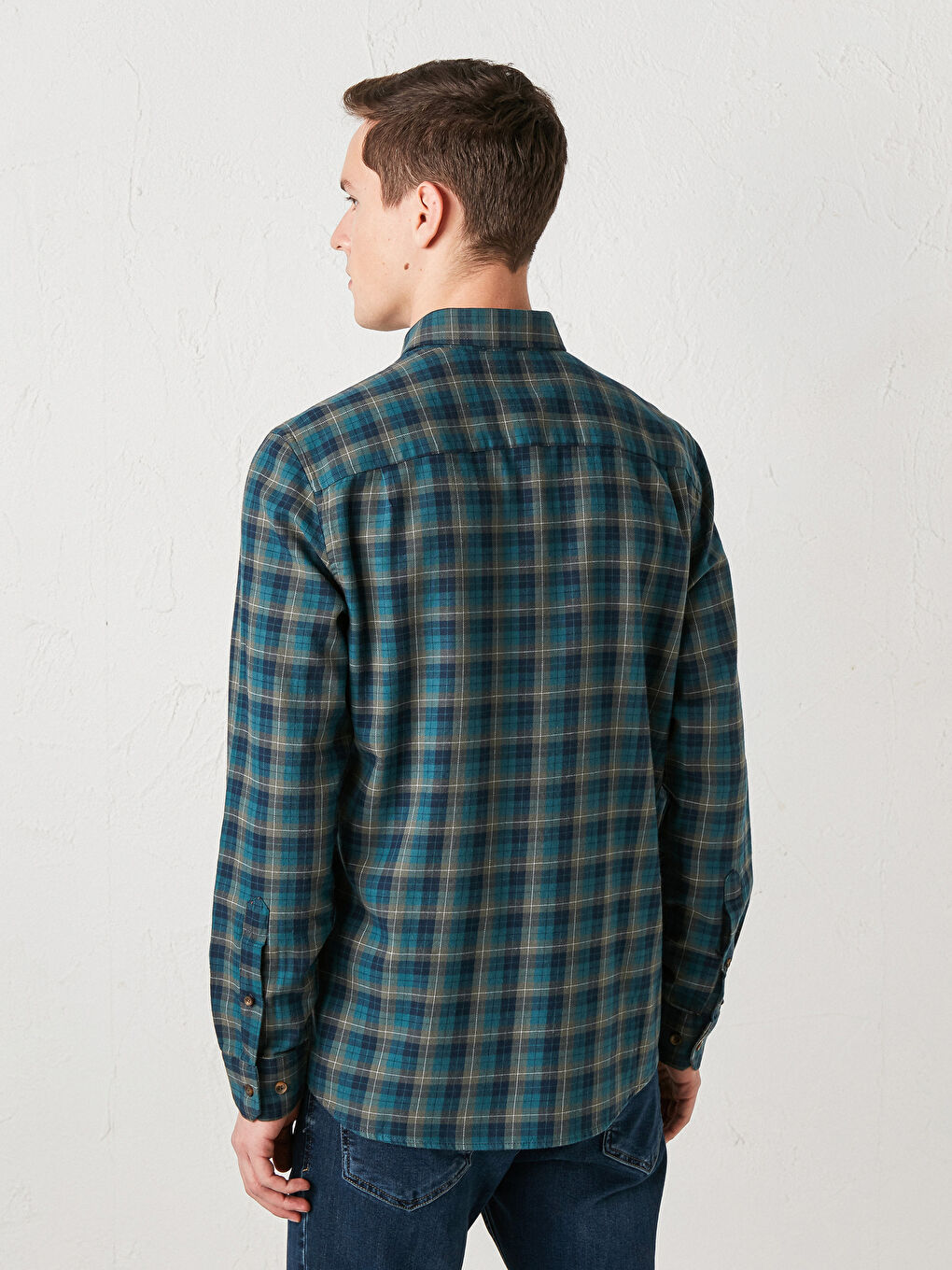 Yeşil Regular Fit Uzun Kollu Ekose Gabardin Gömlek-3