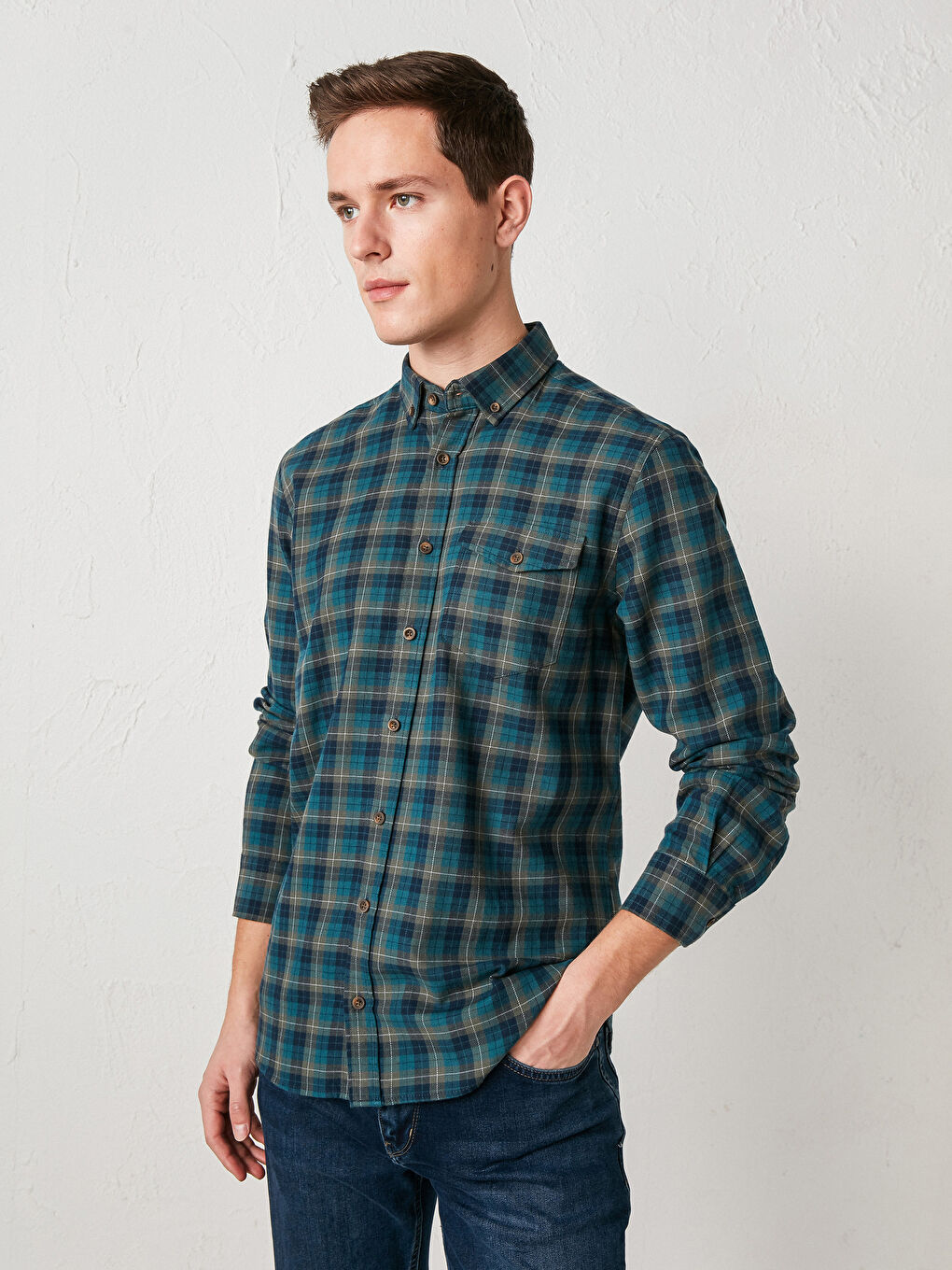 Yeşil Regular Fit Uzun Kollu Ekose Gabardin Gömlek