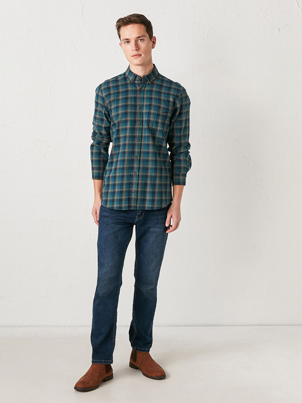 Yeşil Regular Fit Uzun Kollu Ekose Gabardin Gömlek-1