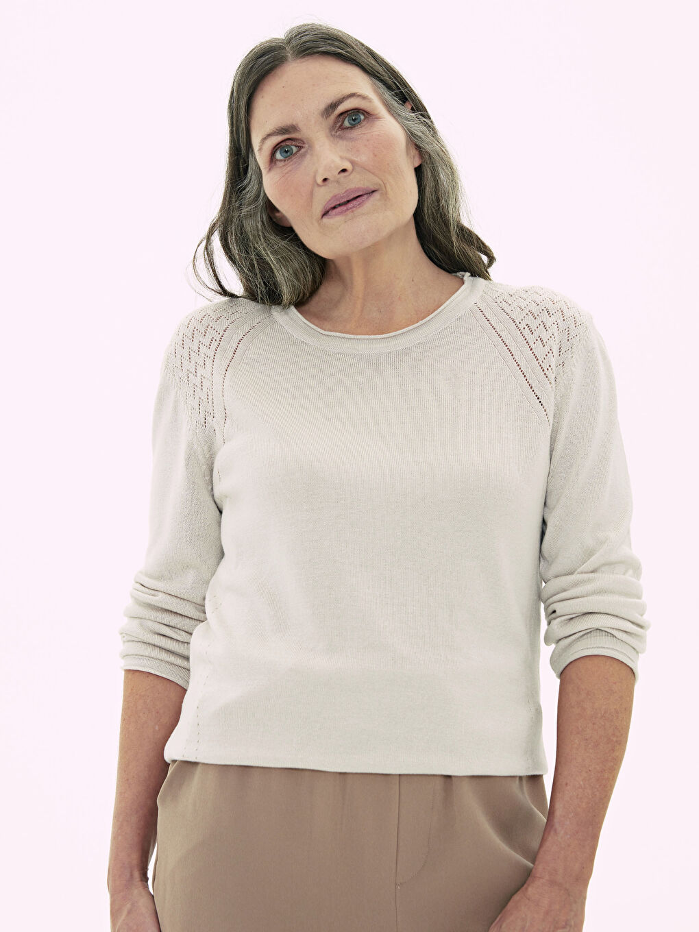 Bej Bisiklet Yaka Uzun Kollu Kadın İnce Triko Kazak-1