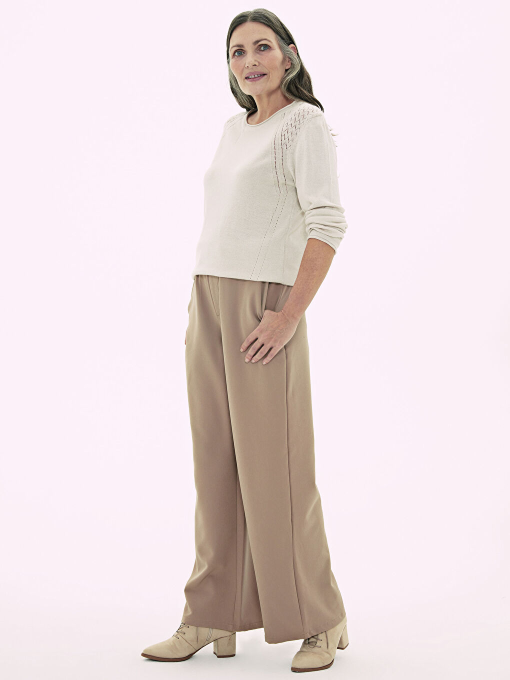 Bej Bisiklet Yaka Uzun Kollu Kadın İnce Triko Kazak-3