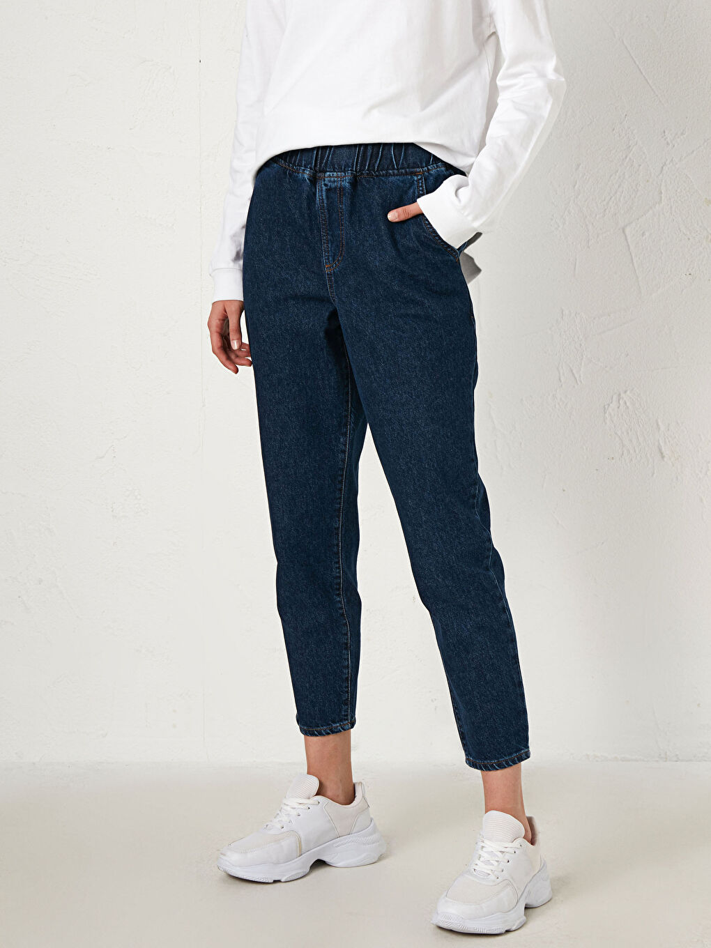 İndigo Beli Lastikli Harem Jean Pantolon