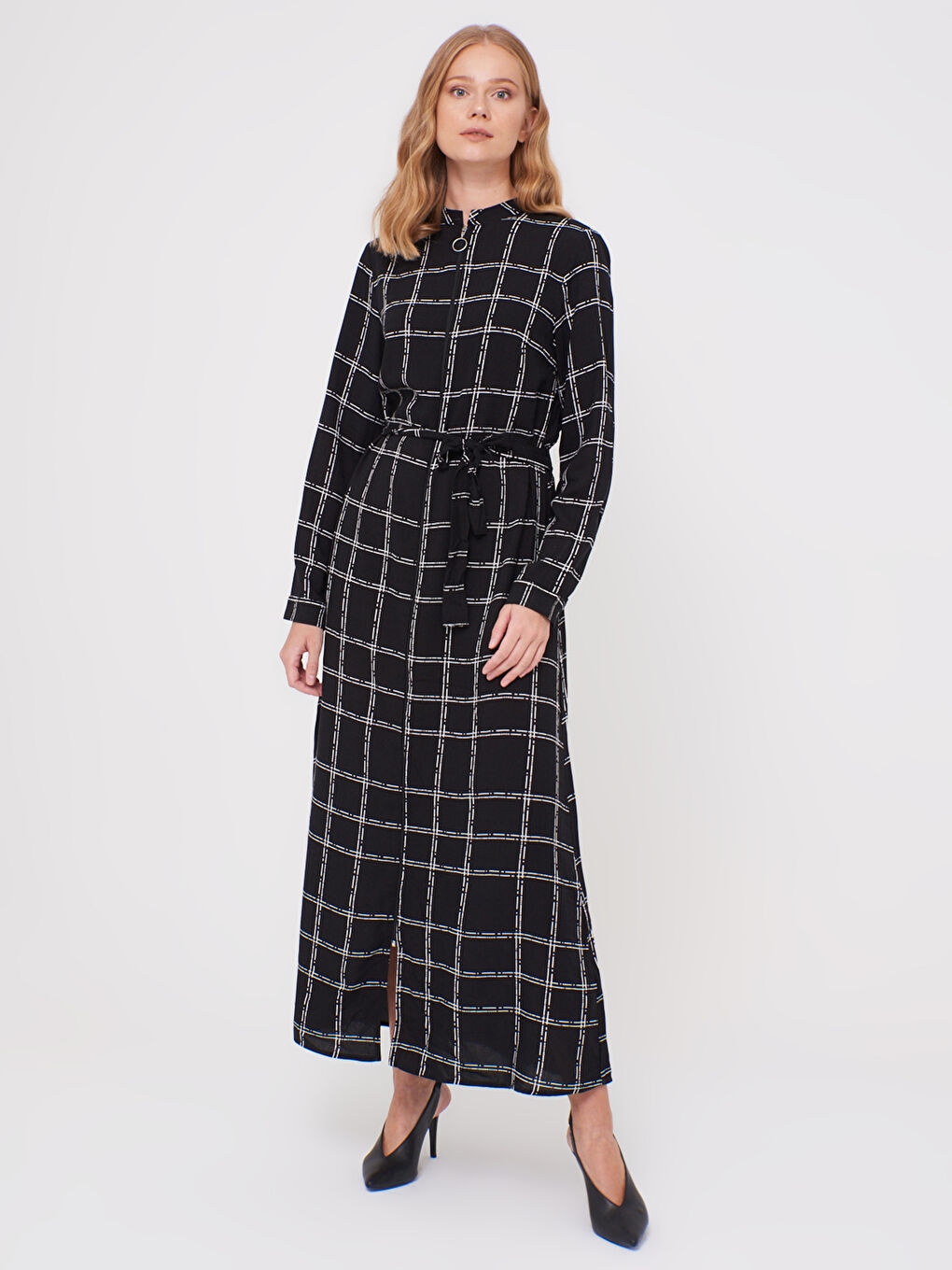 Long Sleeve Women's Shirt Dress With Plaid Belt-1