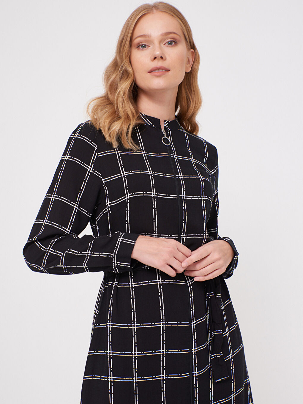 Long Sleeve Women's Shirt Dress With Plaid Belt-2
