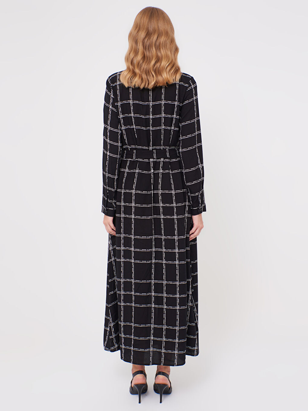 Long Sleeve Women's Shirt Dress With Plaid Belt-4