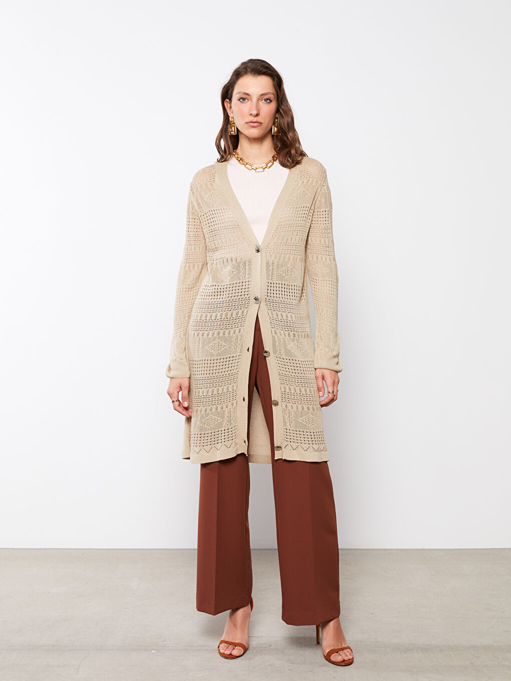 V-Neck Self Patterned Long Sleeve Women's Knitwear Cardigan-3