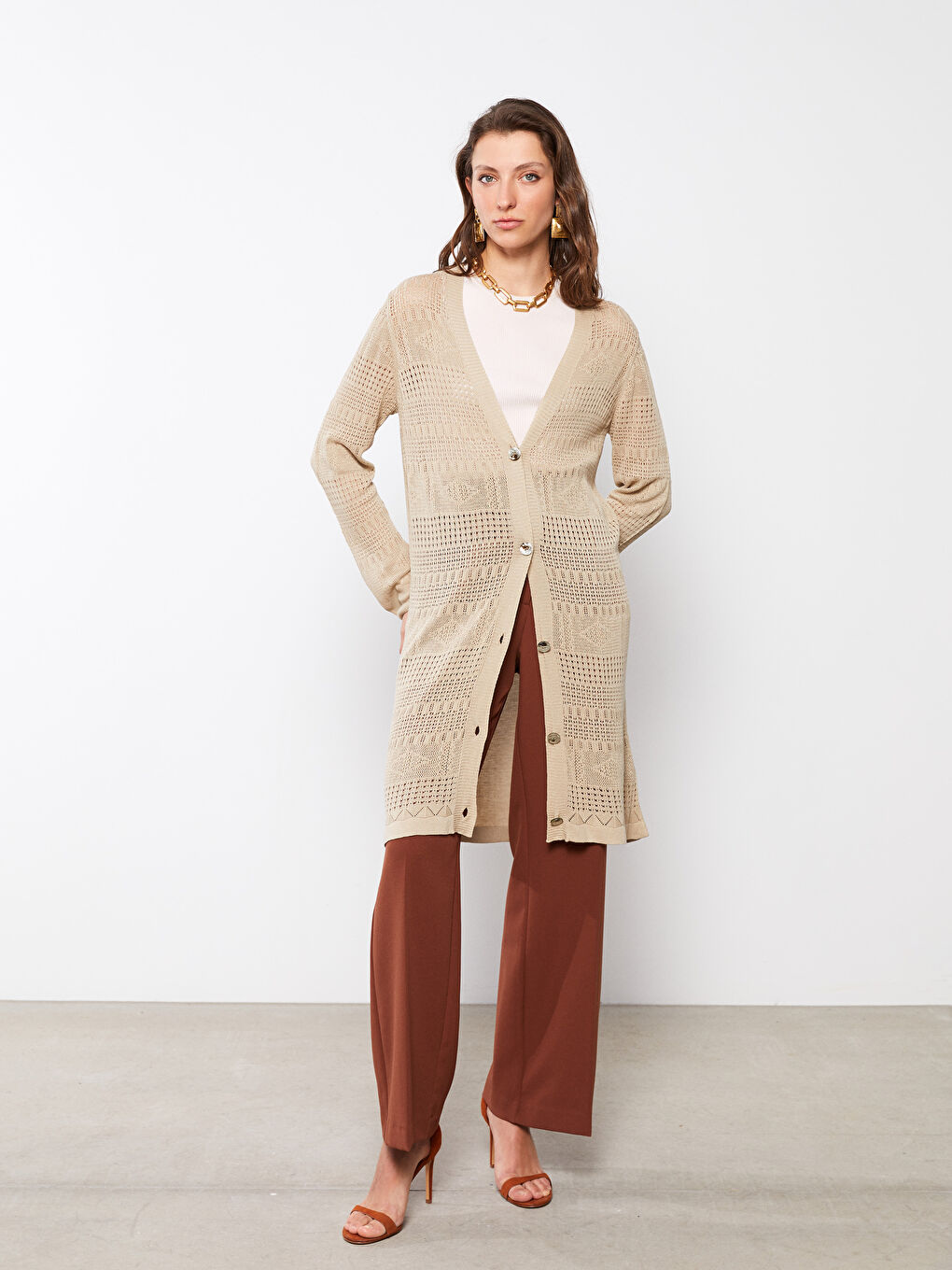 V-Neck Self Patterned Long Sleeve Women's Knitwear Cardigan-5